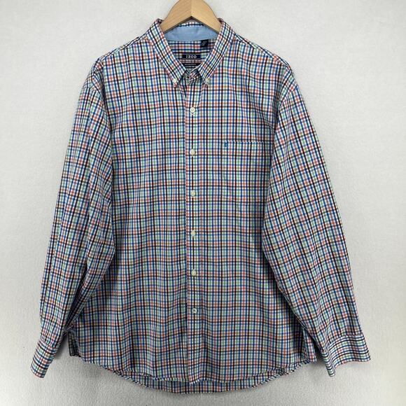 IZOD Shirt Mens XL Non Iron Stretch Poplin Plaid Button Up Cotton Blend Blue - Picture 2 of 15